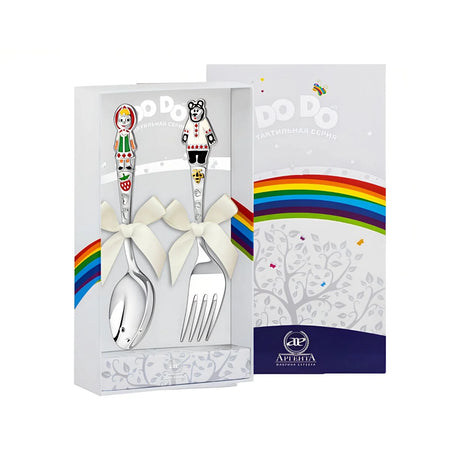 Kinderbesteck 925 Silber: Löffel mit Erdbeermädchen, Gabel mit Bienenbär, beide mit Schleife in der Geschenkbox