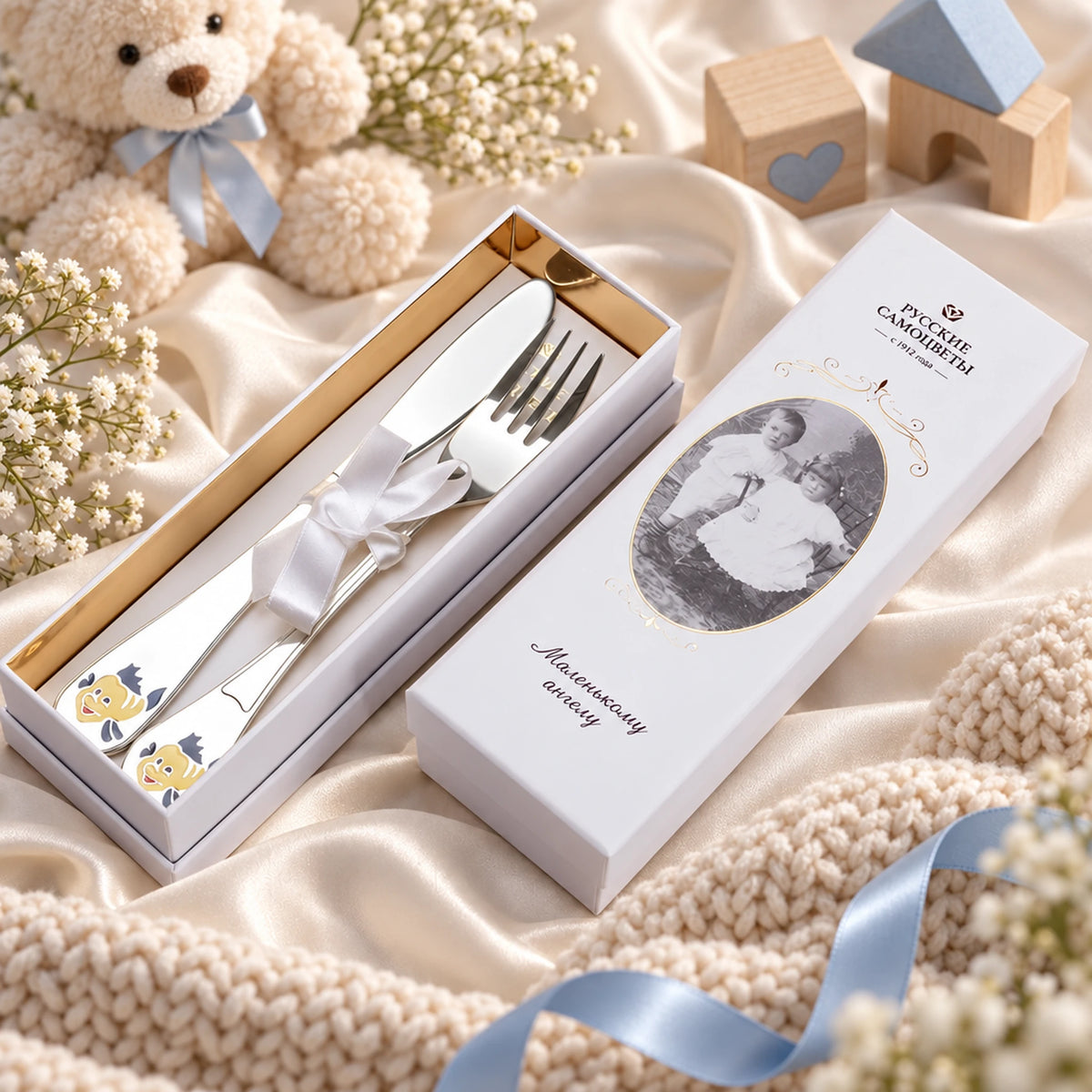 Kinderbesteck 925 Silber Fisch-Motiv in der Geschenkbox — Lifestyle-Setting, Geschenk zur Geburt und Taufe