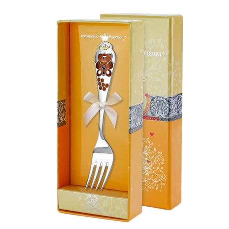 Kindergabel 925 Silber mit Bär-Motiv, brauner Emaille und Vergoldung in Geschenkbox für Taufe und Geburt