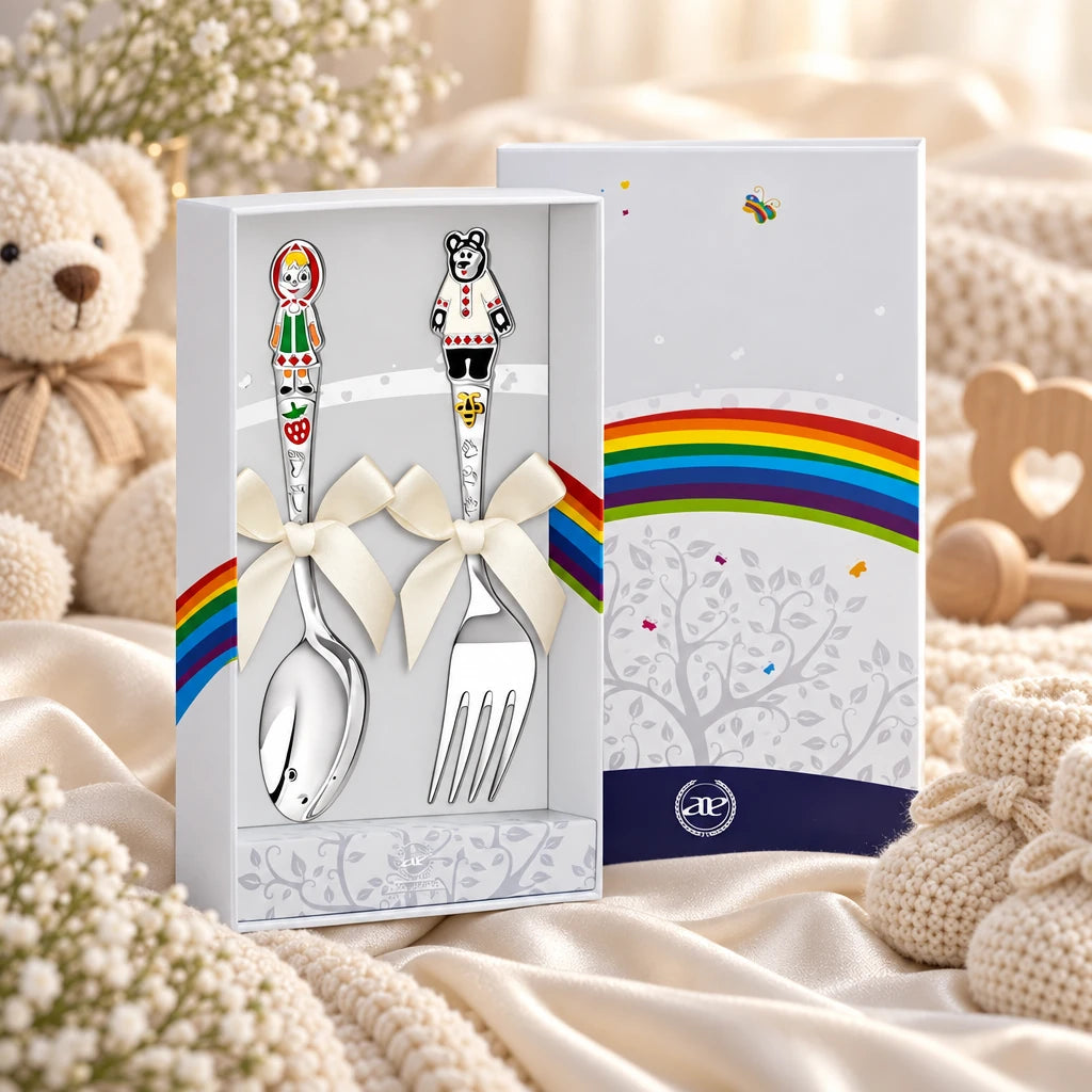Kinderbesteck Set 925 Silber Mascha & Bär in der Original-Geschenkbox — Lifestyle-Aufnahme auf cremefarbenem Satin mit Plüschtier und Schleierkraut, Geschenk zur Geburt