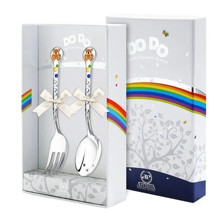 Geschenkverpackung mit Kinderbesteck Silber 925, Teddybär-Design in Orange-Gold, 2-teiliges Set für Taufe.