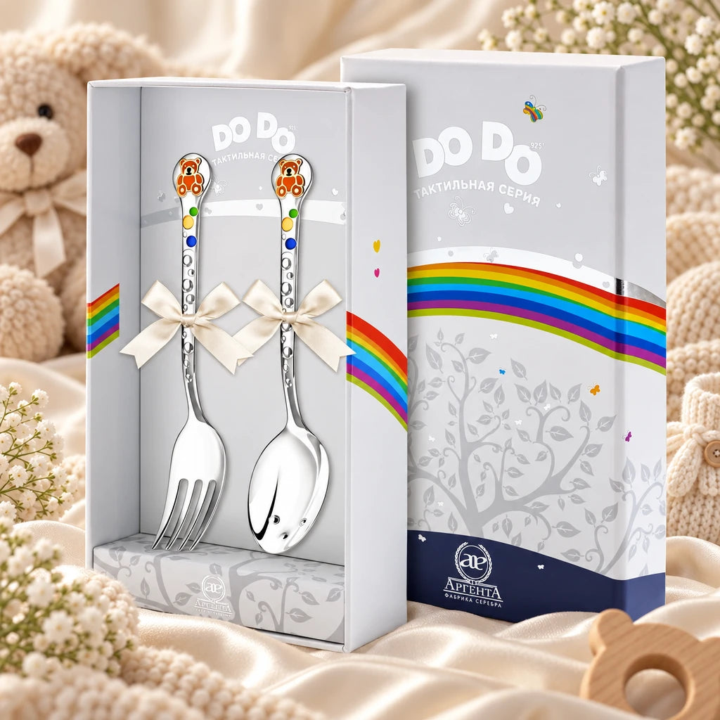 Kinderbesteck Teddybär 925 Silber — Emaille orange-gold 2-tlg in der Original-Geschenkbox — Lifestyle-Aufnahme auf cremefarbenem Satin mit Plüschtier und Schleierkraut, Geschenk zur Geburt