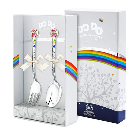 Kinderbesteck-Set Teddybär purpur-gold, 2-teilig, in edler Geschenkbox aus 925 Silber, ideal als Taufgeschenk