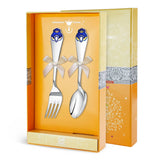 Kinderbesteck-Set aus Silber mit Emaille in Geschenkbox – Löffel & Gabel, Prinz