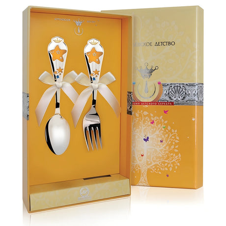 Kinderbesteck-Set Sterne Gelb-Blau – 925 Silber mit Emaille & Vergoldung, Löffel & Gabel in Geschenkbox.