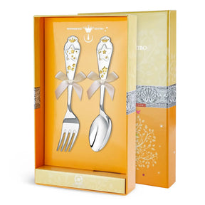 Kinderbesteck-Set Sterne Gold mit Löffel & Gabel aus 925 Silber – vergoldetes Design in Geschenkbox