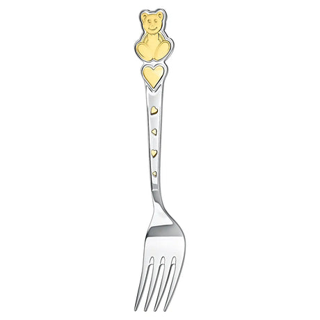 Kindergabel Silber 925 mit goldfarbenem Herz und Bärenmotiv – hochwertiges Kinderbesteck zur Taufe.