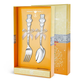 Kinderbesteck Set Silber 925 – Teddybär mit Herz, 2-teilig, Gabel & Löffel in Geschenkverpackung.