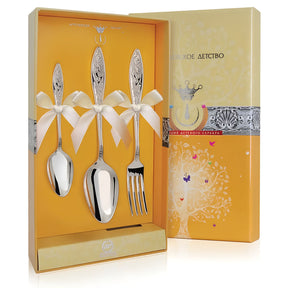 Kinderbesteck-Set aus 925er Silber, 3-teilig mit Gravur und Schleifen, elegant verpackt in dekorativer Geschenkbox.