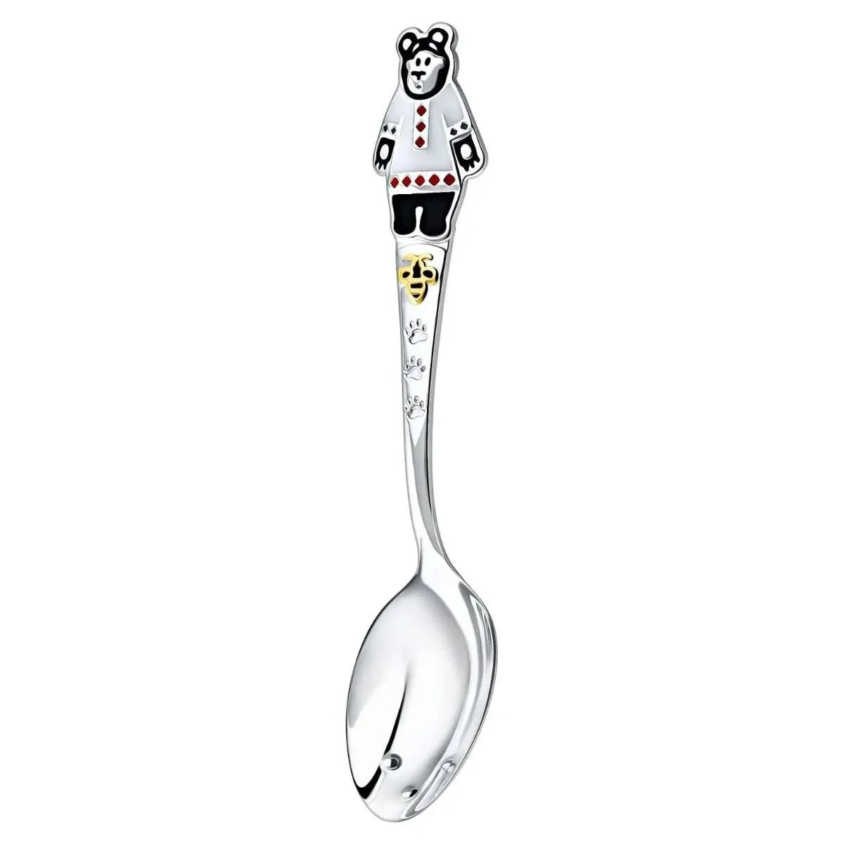 Silberlöffel aus 925 Silber mit Bärenfigur, bunt emailliert mit Pfotenspuren und goldener Verzierung.