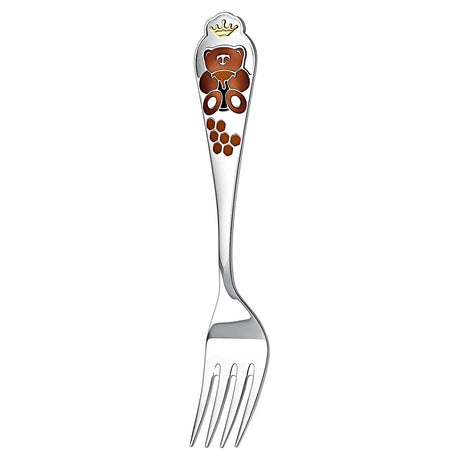 Kindergabel 925 Silber mit Teddybär, brauner Emaille und vergoldeter Krone – gravierbares Taufgeschenk.