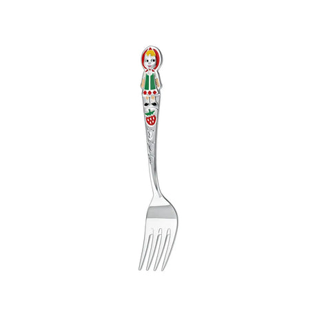 Kindergabel 925 Silber: Erdbeermädchen in Emaille, rotes Kopftuch, grünes Kleid, Erdbeere und drei Fußspuren am Stiel