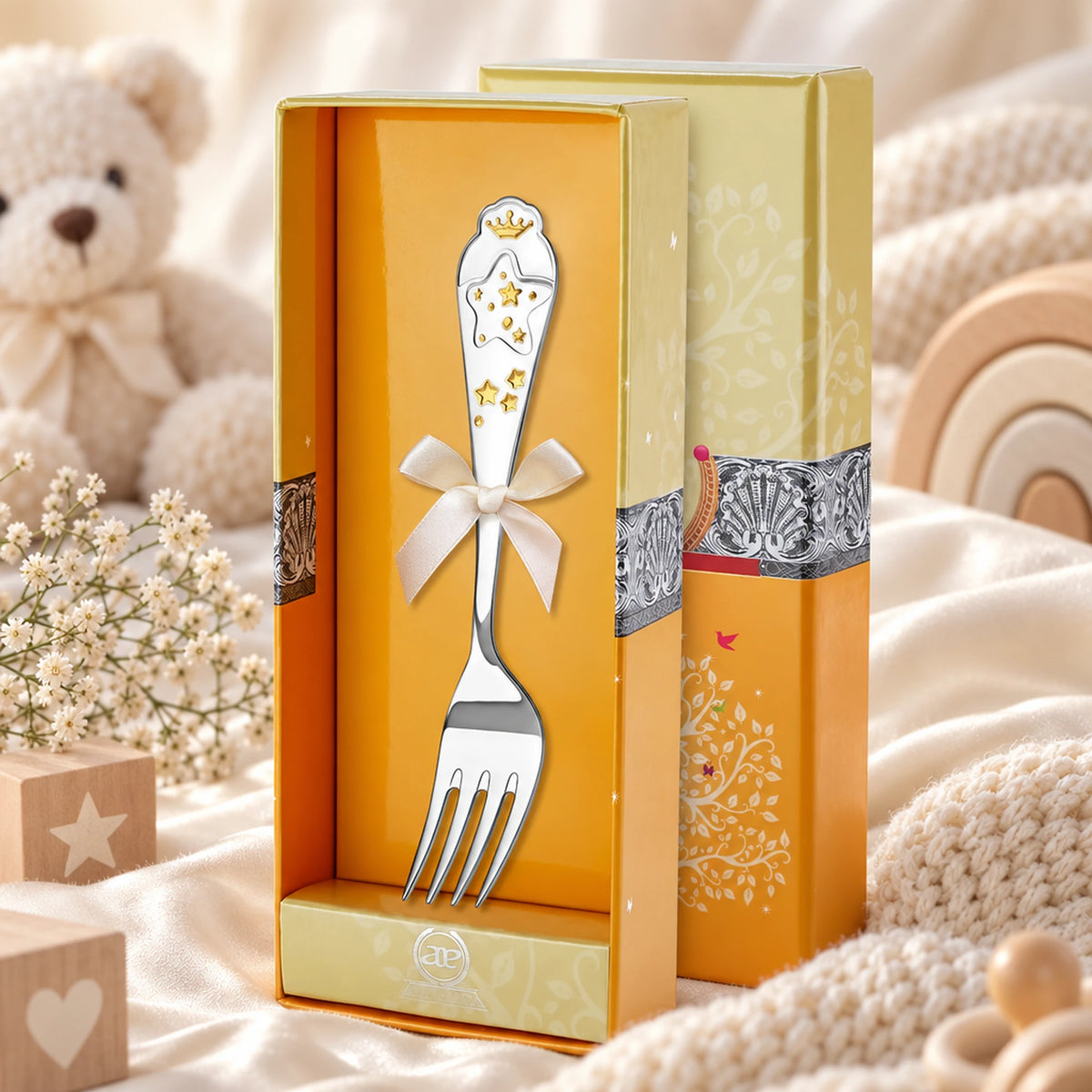 Kindergabel 925 Silber goldener Stern in der Geschenkbox — Lifestyle-Setting, Geschenk zur Geburt und Taufe