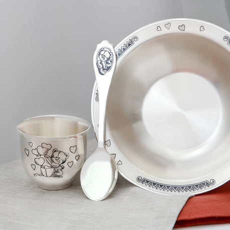 Kindergeschenk-Set 925 Silber Niello Teddybär — Schale, Becher und Löffel mit Bär- und Herz-Motiv, Geschenk zur Taufe