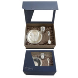 Kindergeschenk-Set 925 Silber Niello in blauer Geschenkbox mit Sichtfenster — Schale, Becher, Löffel, Taufgeschenk