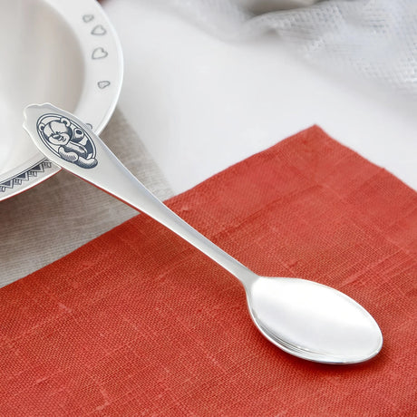 Kinderlöffel 925 Silber Niello — Silberlöffel mit Teddybär-Medaillon am Stielende, dunkles Niello, Geschenk zur Taufe