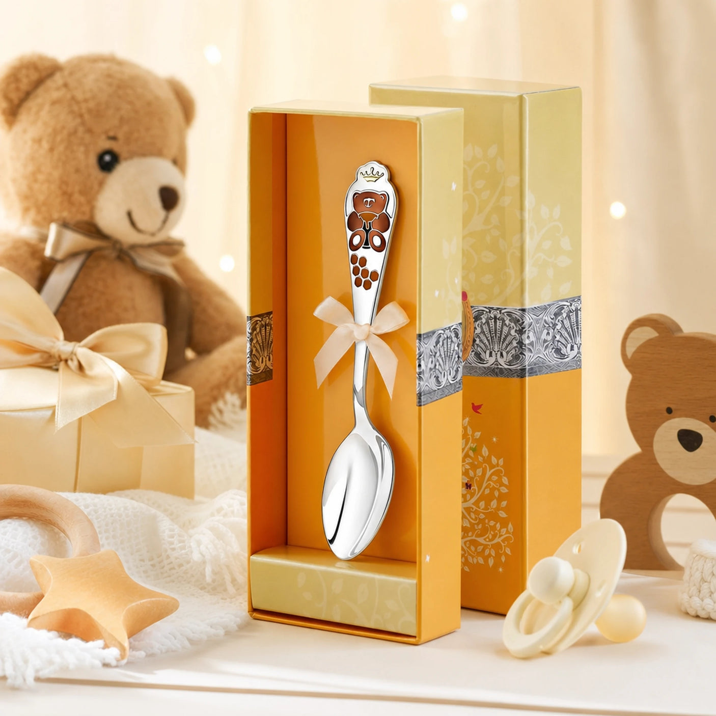 Kinderlöffel 925 Silber mit braunem Bären-Motiv — Lifestyle-Setting, liebevolles Geschenk zur Geburt