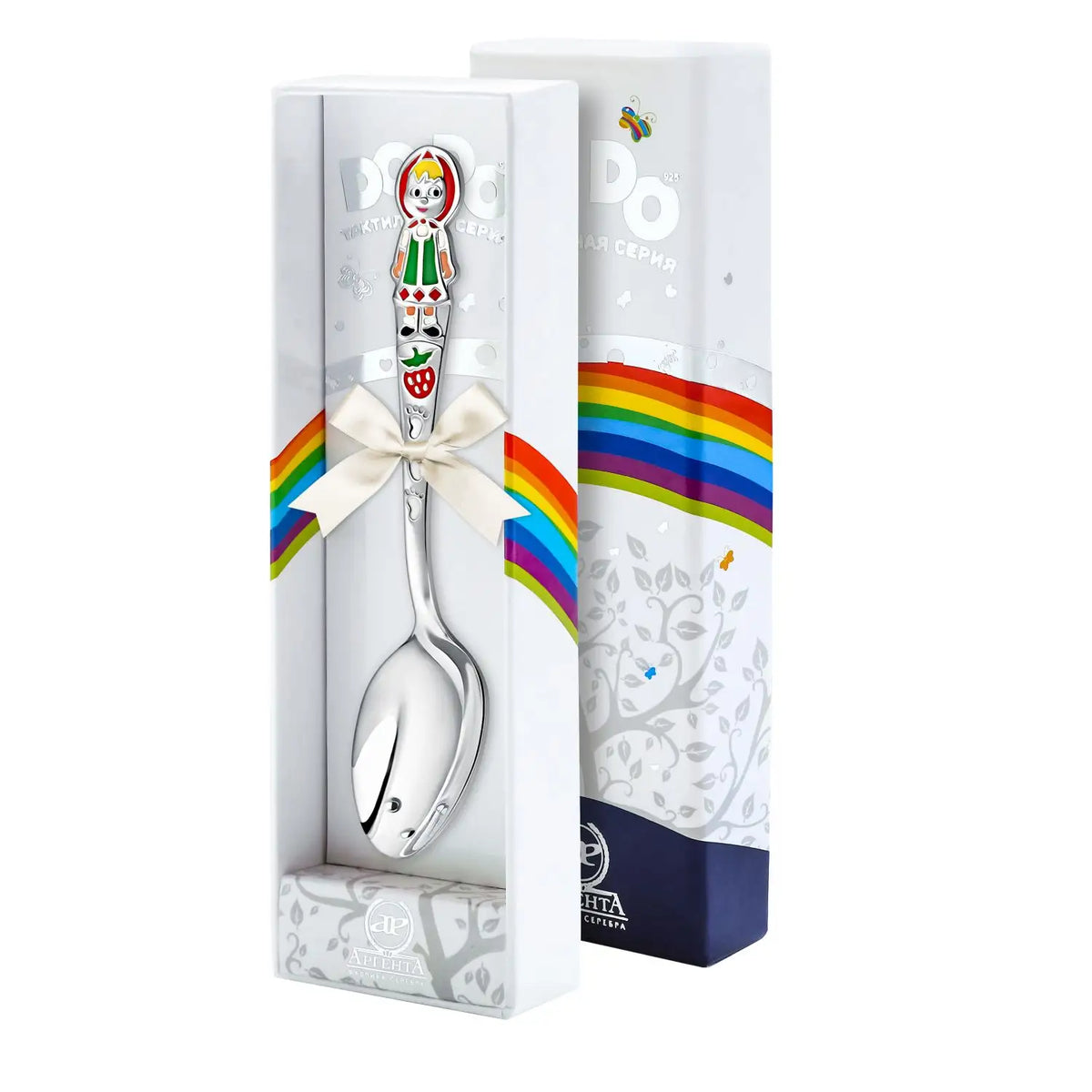 Kinderlöffel 925 Silber mit Erdbeermädchen in Emaille, mit Schleife in der Geschenkbox, daneben der Umkarton