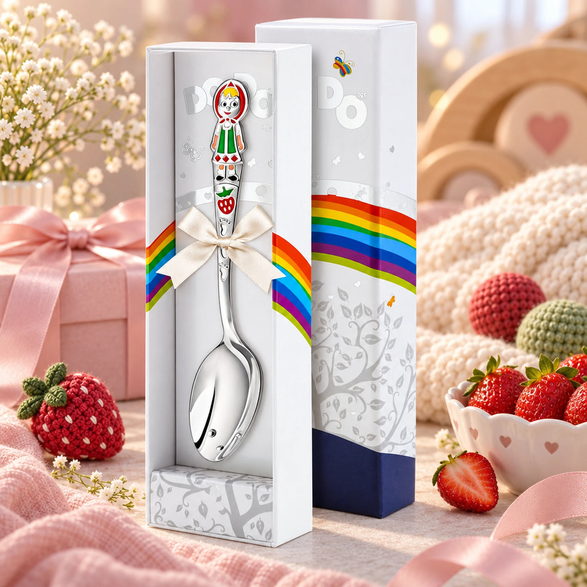 Kinderlöffel 925 Silber Erdbeermädchen in der Geschenkbox, mit Erdbeeren und Schleierkraut auf rosa Decke