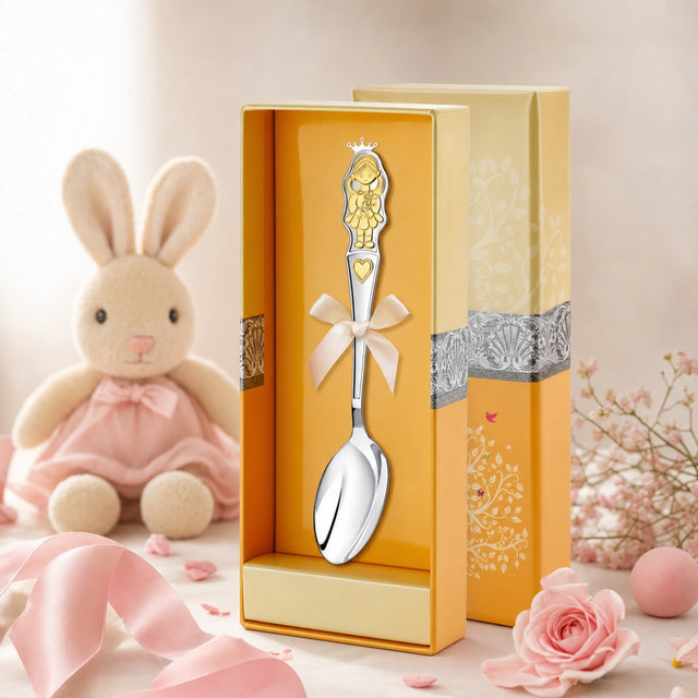 Kinderlöffel 925 Silber mit Mädchen-Motiv in Gold — Lifestyle-Setting, Geschenk zur Geburt für Mädchen