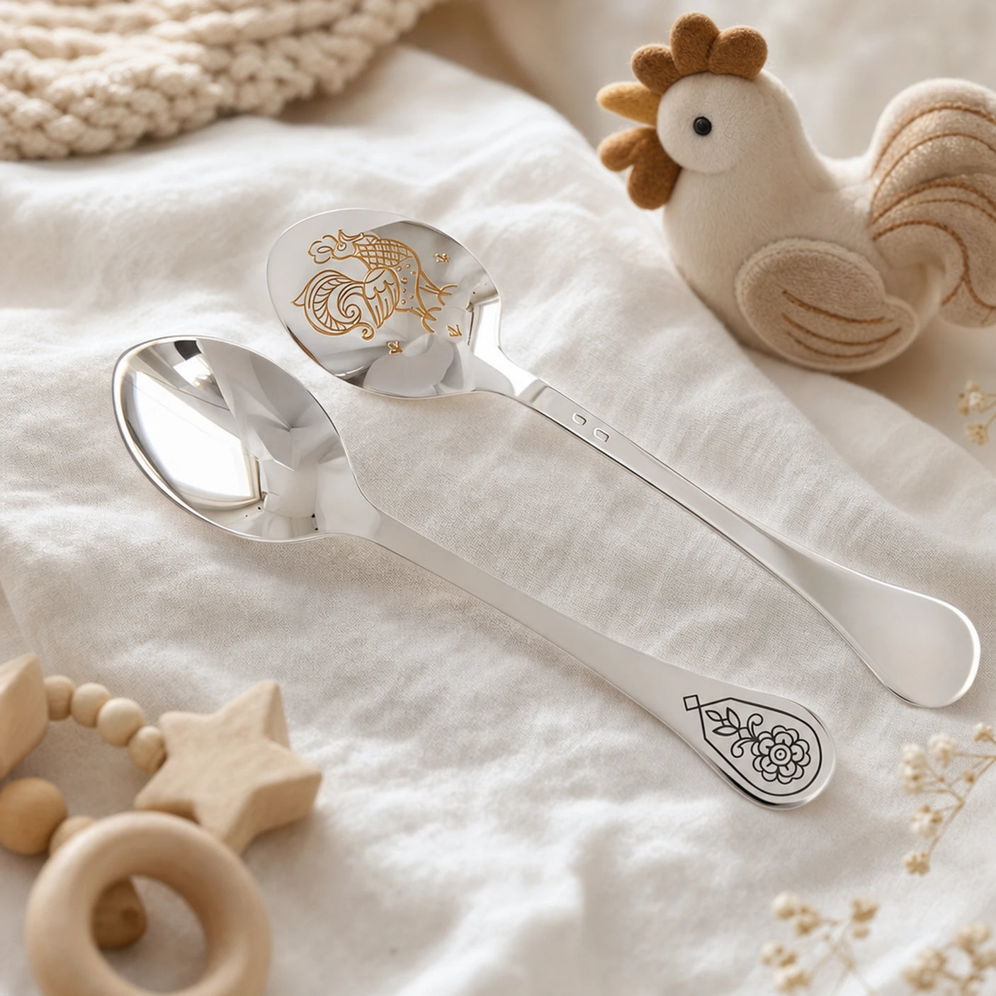 Kinderlöffel 925 Silber mit vergoldetem Niello-Hahn-Motiv — Lifestyle-Setting, Geschenk zur Geburt