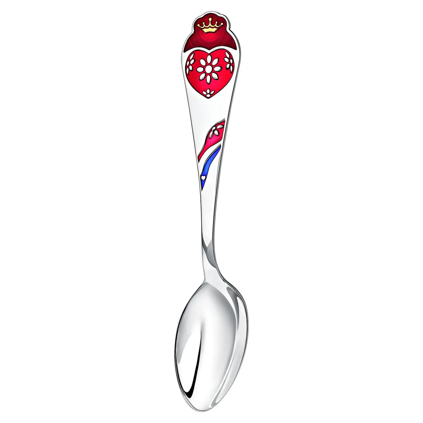 Kinderlöffel 925 Silber mit Herz-Motiv in roter Emaille und Gold – gravierbares Taufgeschenk.