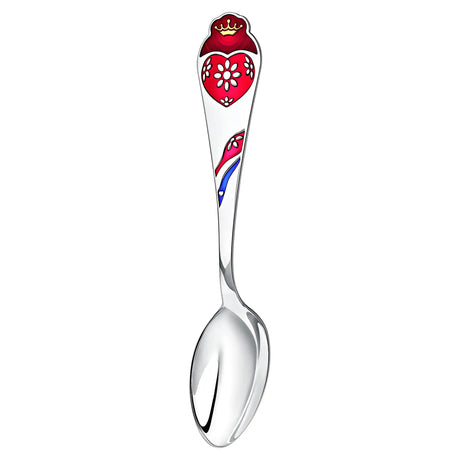 Kinderlöffel 925 Silber mit Herz-Motiv in roter Emaille und Gold – gravierbares Taufgeschenk.