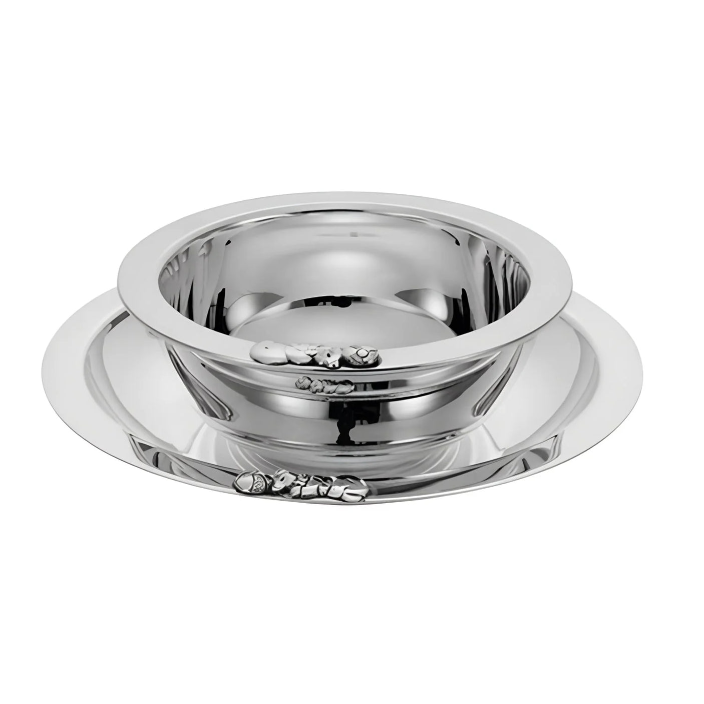 Kindergeschirr-Set 925 Silber Bär mit Ball — Schale und Teller mit Bär-Relief am Rand, 2-tlg, Geschenk zur Taufe