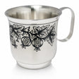 Kindertasse 925 Silber Stachelbeere — Silberbecher mit Henkel und dunklem Niello-Band aus Beeren und Blättern