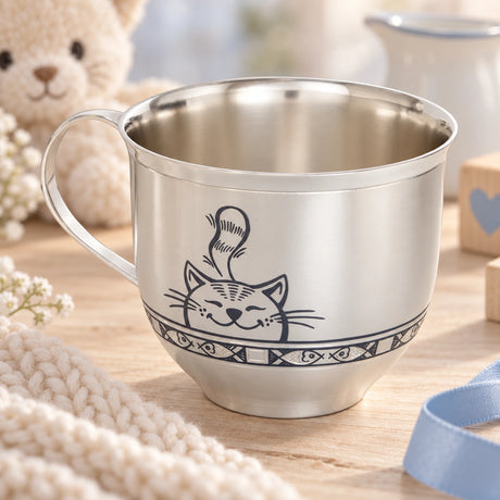 Kindertasse 925 Silber Kätzchen in Niello — Lifestyle-Setting, Geschenk zur Geburt und Taufe