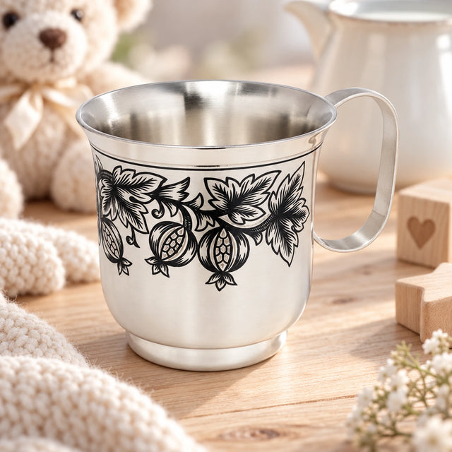 Kindertasse 925 Silber Stachelbeer-Ornament in Niello — Lifestyle-Setting, Geschenk zur Geburt und Taufe