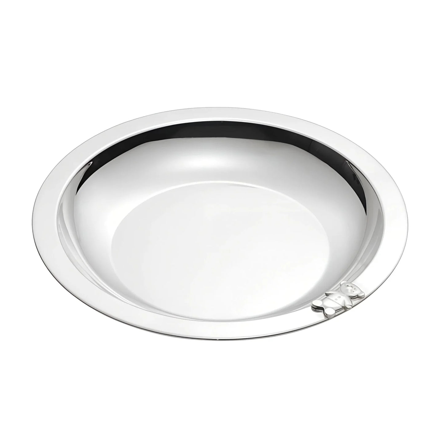 Kinderteller 925 Silber Teddybär — flacher polierter Silberteller mit kleinem Teddybär-Relief am Rand, Geschenk zur Taufe