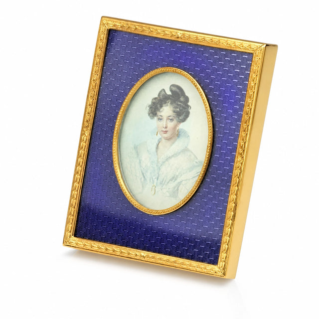 Bilderrahmen 925 Silber vergoldet violette Emaille — ovaler Goldrahmen mit Damenporträt-Miniatur