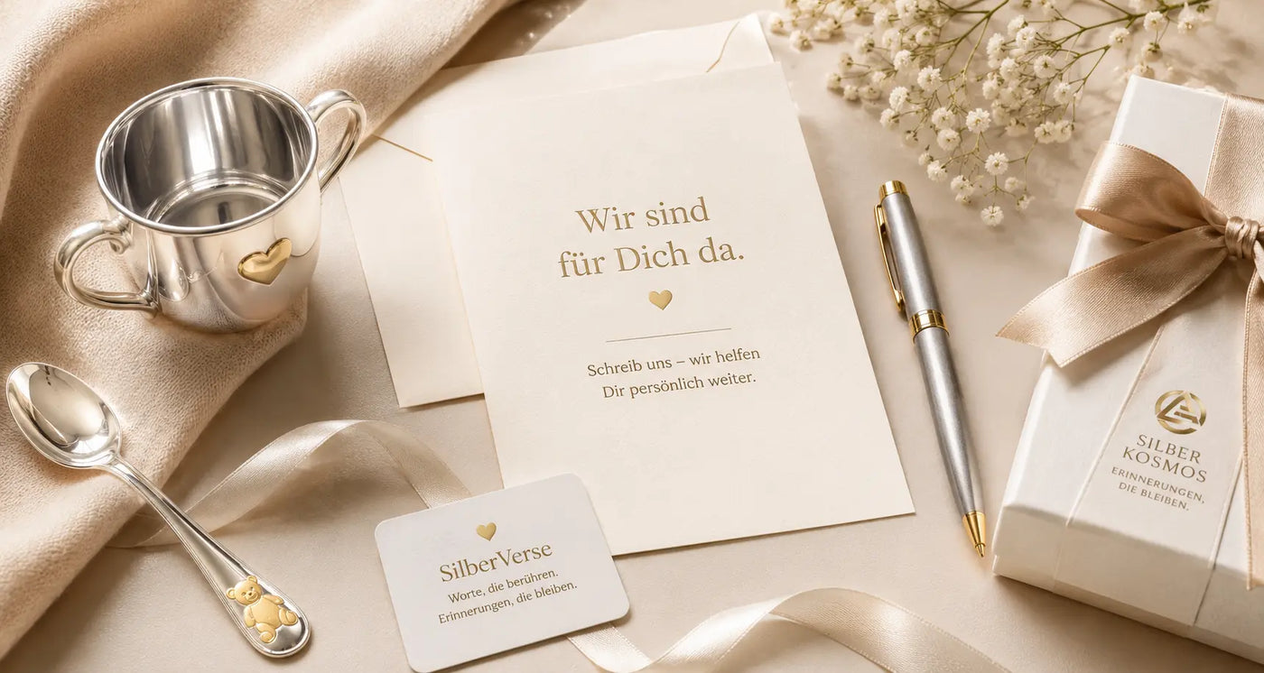 Kontaktformular mit SilberVerse-Karte, Silbergeschenk und Geschenkbox im warmen SilberKosmos Stil für persönliche Geschenkberatung
