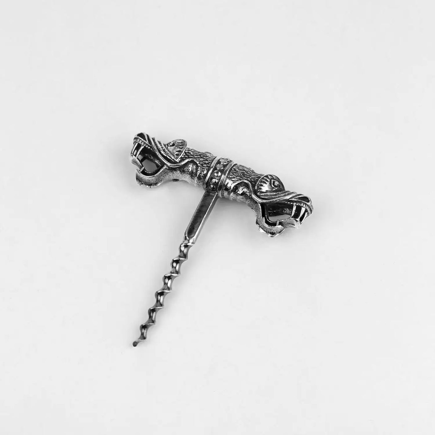 Korkenzieher 925 Silber Doppelkopf-Drache ArgentA — chinesisches Tierkreiszeichen-Skulptur mit zwei Drachenköpfen, antik patiniert, Wendel-Spirale