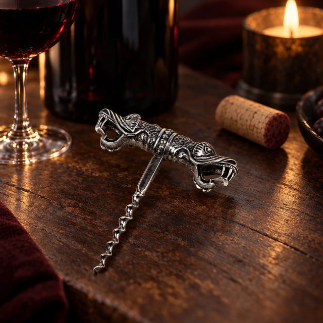 Korkenzieher Drache 925 Silber im Etui — Lifestyle-Setting am Weintisch