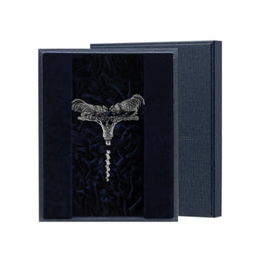 Korkenzieher Hahn 925 Silber im Premium-Etui — stoffbezogenes Geschenketui mit Samt-Innenfutter Marineblau, geöffnet, ArgentA Souvenir-Linie Von der Seele