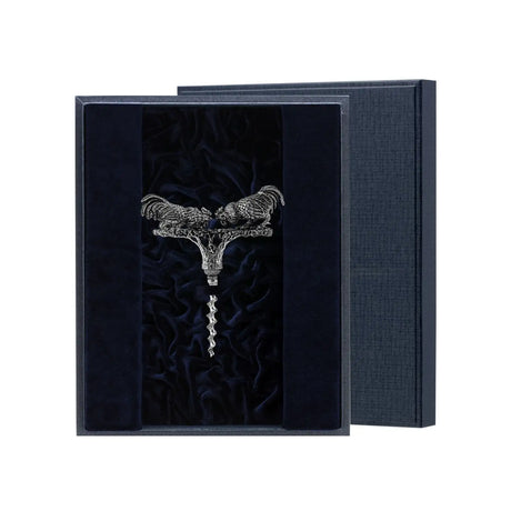 Korkenzieher Hahn 925 Silber im Premium-Etui — stoffbezogenes Geschenketui mit Samt-Innenfutter Marineblau, geöffnet, ArgentA Souvenir-Linie Von der Seele