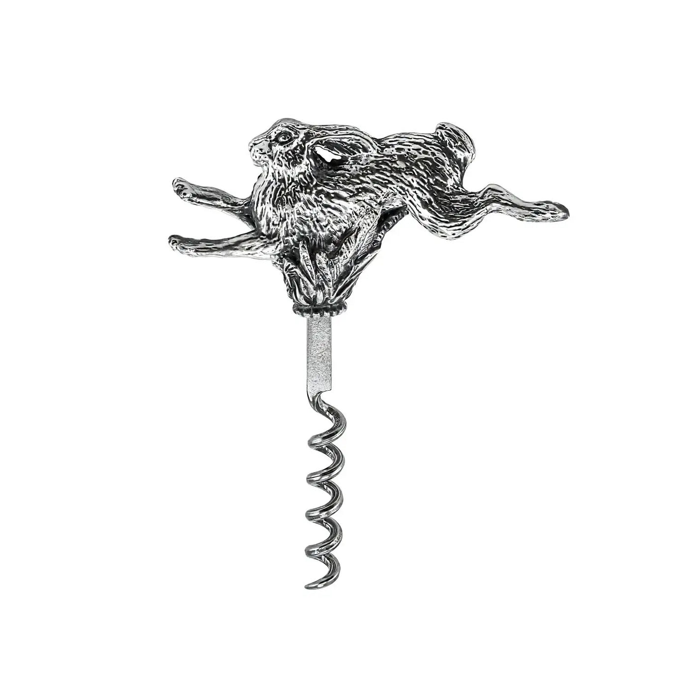 Korkenzieher Hase 925 Silber ArgentA — galoppierender Hase als naturalistische Wildtier-Skulptur, antik patiniert mit oberflächlicher Schwärzung, Wendel-Spirale