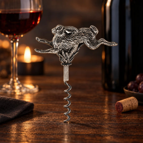 Korkenzieher Hase 925 Silber im Etui — Lifestyle-Setting am Weintisch