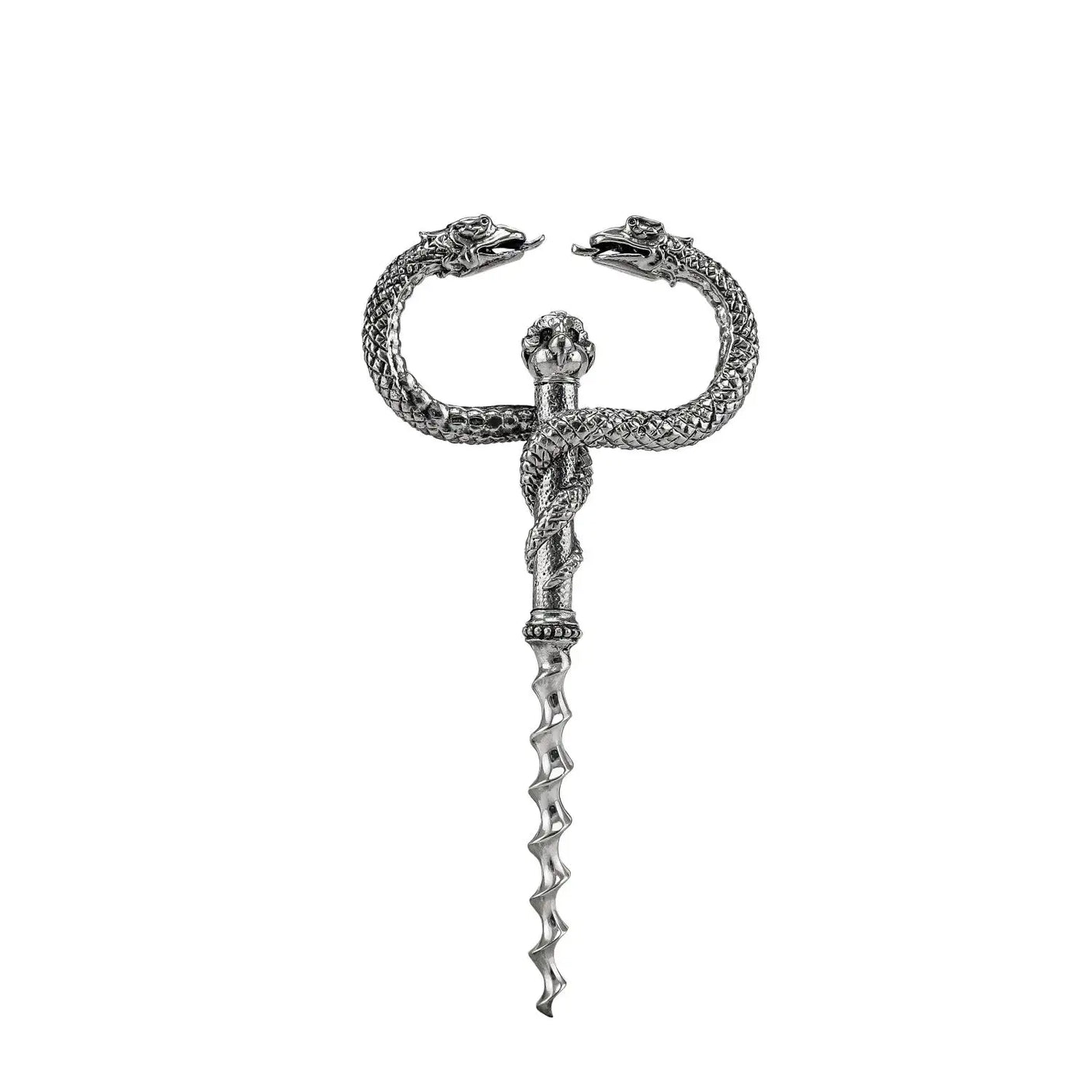 Korkenzieher 925 Silber Caduceus-Hermesstab ArgentA — zwei Schlangen um Mittelstab, geschuppte Körper antik patiniert, Wendel-Spirale, mythologisches Symbol