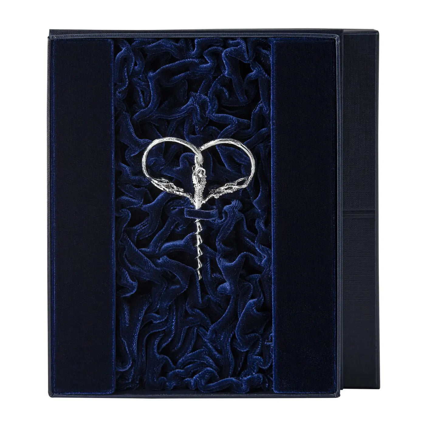 Korkenzieher Trauben 925 Silber im Premium-Etui — stoffbezogenes Geschenketui mit Samt-Innenfutter Marineblau, geöffnet, ArgentA Souvenir-Linie Von der Seele