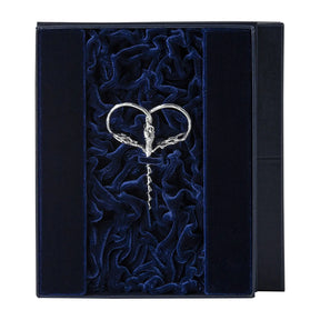 Korkenzieher Trauben 925 Silber im Premium-Etui — stoffbezogenes Geschenketui mit Samt-Innenfutter Marineblau, geöffnet, ArgentA Souvenir-Linie Von der Seele
