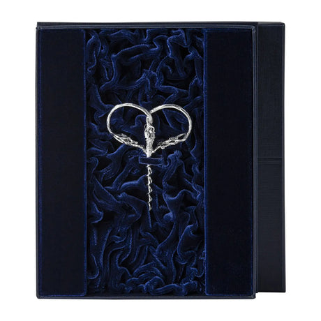 Korkenzieher Trauben 925 Silber im Premium-Etui — stoffbezogenes Geschenketui mit Samt-Innenfutter Marineblau, geöffnet, ArgentA Souvenir-Linie Von der Seele