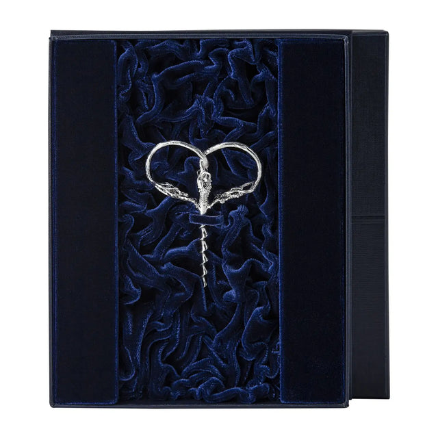Korkenzieher Trauben 925 Silber im Premium-Etui — stoffbezogenes Geschenketui mit Samt-Innenfutter Marineblau, geöffnet, ArgentA Souvenir-Linie Von der Seele