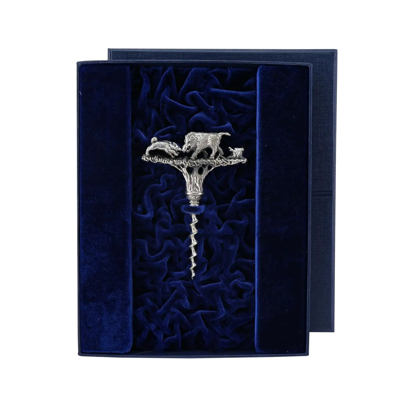 Korkenzieher Wildschwein 925 Silber im Premium-Etui — stoffbezogenes Geschenketui mit Samt-Innenfutter Marineblau, geöffnet, ArgentA Souvenir-Linie Von der Seele