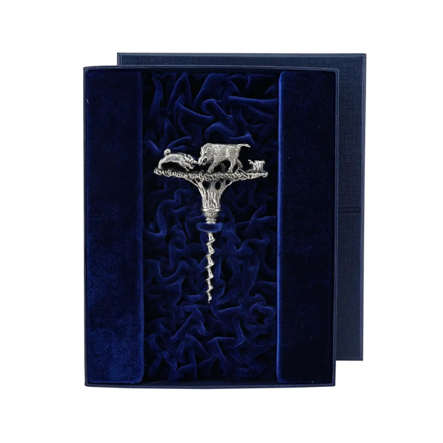Korkenzieher Wildschwein 925 Silber im Premium-Etui — stoffbezogenes Geschenketui mit Samt-Innenfutter Marineblau, geöffnet, ArgentA Souvenir-Linie Von der Seele