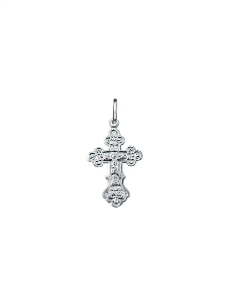Kreuzanhänger 925 Silber orthodox ArgentA — Freisteller mit Korpus im Relief und Balkenenden in Kleeblattform, hell poliert