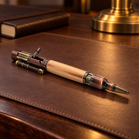 Bolt-Action Kugelschreiber Apfelholz — Lifestyle-Setting am Schreibtisch