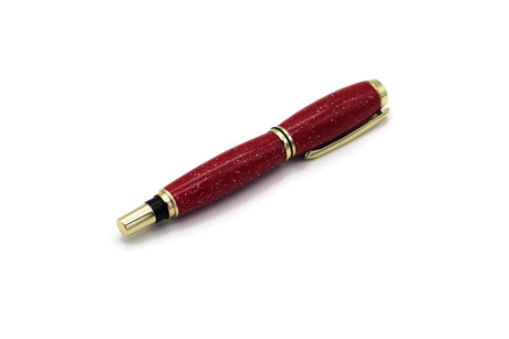 Kugelschreiber rote Granit-Optik mit Clip — glitzernde rote Oberfläche, goldene Zierringe, edles Schreibgerät